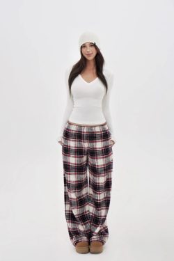 Vintage Red Plaid Low Waist Pure Cotton Brushed Floor-Length Lounge Pants - 90s Inspired Comfortable Style