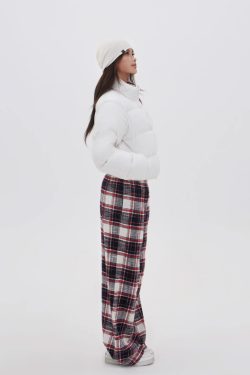 Vintage Red Plaid Low Waist Pure Cotton Brushed Floor-Length Lounge Pants - 90s Inspired Comfortable Style