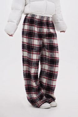 Vintage Red Plaid Low Waist Pure Cotton Brushed Floor-Length Lounge Pants - 90s Inspired Comfortable Style