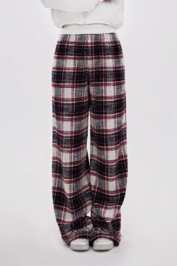 Vintage Red Plaid Low Waist Pure Cotton Brushed Floor-Length Lounge Pants - 90s Inspired Comfortable Style