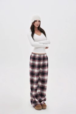 Vintage Red Plaid Low Waist Pure Cotton Brushed Floor-Length Lounge Pants - 90s Inspired Comfortable Style