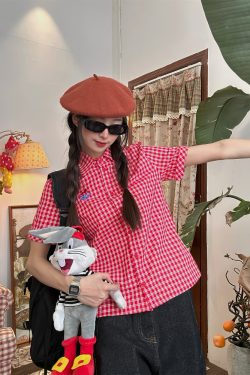 Vintage Red Plaid Short Sleeve Shirt for Summer - Slim Fit Casual Versatile Top, Perfect for 90s and Y2K Inspired Outfits