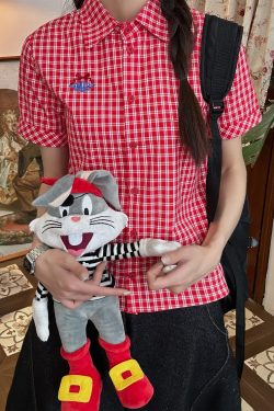 Vintage Red Plaid Short Sleeve Shirt for Summer - Slim Fit Casual Versatile Top, Perfect for 90s and Y2K Inspired Outfits