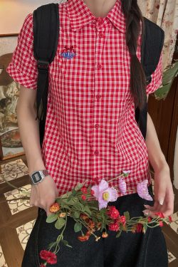 Vintage Red Plaid Short Sleeve Shirt with Lapel - Summer Slim Fit Casual Versatile Top for 90s Inspired Style