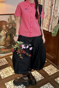 Vintage Red Plaid Short Sleeve Shirt with Lapel - Summer Slim Fit Casual Versatile Top for 90s Inspired Style