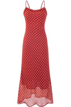Vintage Red Polka Dot Long Strap Dress for Women - French Style Summer 2025 Fashion, Perfect for 90s and Y2K Inspired Looks