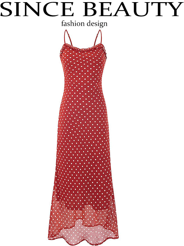 Vintage Red Polka Dot Long Strap Dress for Women - French Style Summer 2025 Fashion, Perfect for 90s and Y2K Inspired Looks Vintage Red Polka Dot Long Strap Dress for Women - French Style Summer 2025 Fashion, Perfect for 90s and Y2K Inspired Looks