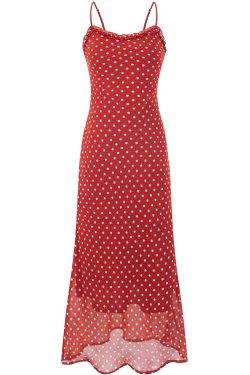 Vintage Red Polka Dot Long Strap Dress for Women - French Style Summer 2025 Fashion, Perfect for 90s and Y2K Inspired Looks