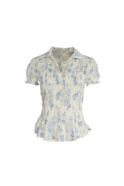 Vintage Retro Butterfly Floral Short Sleeve Shirt for Women - Summer Loose Fit Waist-Drawstring Collared Top, Y2K Style