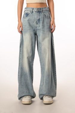 Vintage Retro Distressed Denim Pants for Men and Women - Loose Straight Leg Floor-Length Wide-Leg Style, Casual 90s Fashion