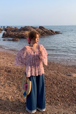 Vintage Retro Lace Trim High-Waisted Denim Pants for Women - Summer Loose Wide-Leg Trousers, 90s Inspired Fashion