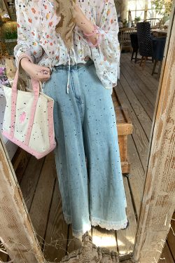 Vintage Retro Lace Trim High-Waisted Denim Pants for Women - Summer Loose Wide-Leg Trousers, 90s Inspired Fashion
