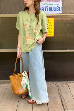 Vintage Retro Lace Trim High-Waisted Denim Pants for Women - Summer Loose Wide-Leg Trousers, 90s Inspired Fashion