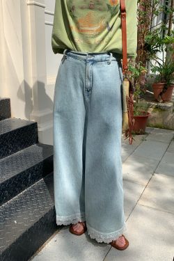 Vintage Retro Lace Trim High-Waisted Denim Pants for Women - Summer Loose Wide-Leg Trousers, 90s Inspired Fashion