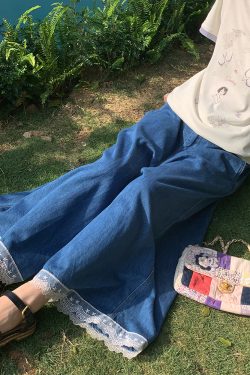 Vintage Retro Lace Trim High-Waisted Denim Pants for Women - Summer Loose Wide-Leg Trousers, 90s Inspired Fashion