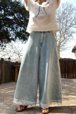 Vintage Retro Lace Trim High-Waisted Denim Pants for Women - Summer Loose Wide-Leg Trousers, 90s Inspired Fashion