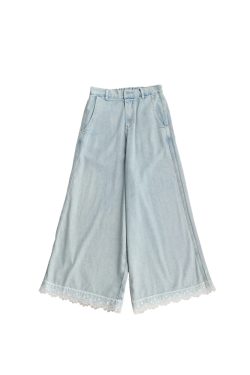 Vintage Retro Lace Trim High-Waisted Denim Pants for Women - Summer Loose Wide-Leg Trousers, 90s Inspired Fashion