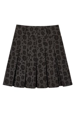 Vintage Retro Leopard Print A-Line Skirt - Low Waist Dark Gray Pleated Long Skirt for Spring and Autumn Fashion Trends