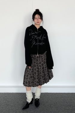 Vintage Retro Leopard Print A-Line Skirt - Low Waist Dark Gray Pleated Long Skirt for Spring and Autumn Fashion Trends