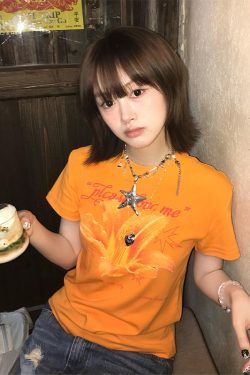 Vintage Retro Lily Print Dopamine Orange T-Shirt for Women - Summer Casual Top, Round Neck, Short Sleeves, Y2K Style