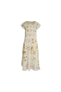 Vintage Retro Linen Short Sleeve Square Neck Dress - Women's Summer High Waist Flared Skirt, 90s Y2K Style