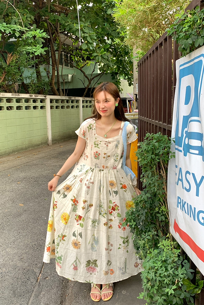 Vintage Retro Linen Short Sleeve Square Neck Dress - Women's Summer High Waist Flared Skirt, 90s Y2K Style