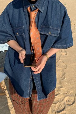 Vintage Retro Loose Short-Sleeve Denim Shirt for Couples - Handmade Washable Korean Style Half-Sleeve Top