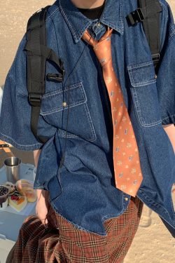 Vintage Retro Loose Short-Sleeve Denim Shirt for Couples - Handmade Washable Korean Style Half-Sleeve Top