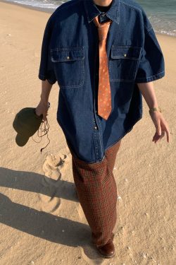 Vintage Retro Loose Short-Sleeve Denim Shirt for Couples - Handmade Washable Korean Style Half-Sleeve Top