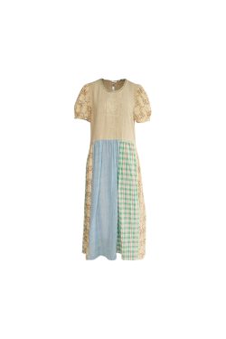 Vintage Retro Patchwork Short Sleeve Dress for Women - Summer Embroidered Puff Sleeve Long Dress in 90s Inspired Style