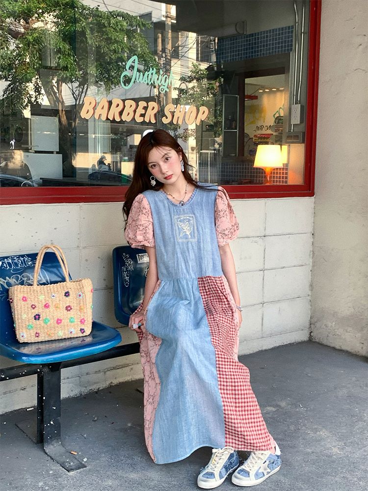 Vintage Retro Patchwork Short Sleeve Dress for Women - Summer Embroidered Puff Sleeve Long Dress in 90s Inspired Style Vintage Retro Patchwork Short Sleeve Dress for Women - Summer Embroidered Puff Sleeve Long Dress in 90s Inspired Style