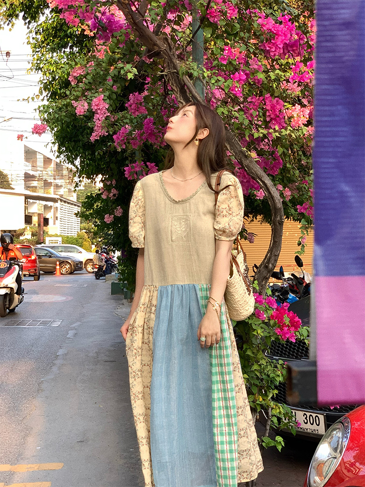 Vintage Retro Patchwork Short Sleeve Dress for Women - Summer Embroidered Puff Sleeve Long Dress in 90s Inspired Style Vintage Retro Patchwork Short Sleeve Dress for Women - Summer Embroidered Puff Sleeve Long Dress in 90s Inspired Style