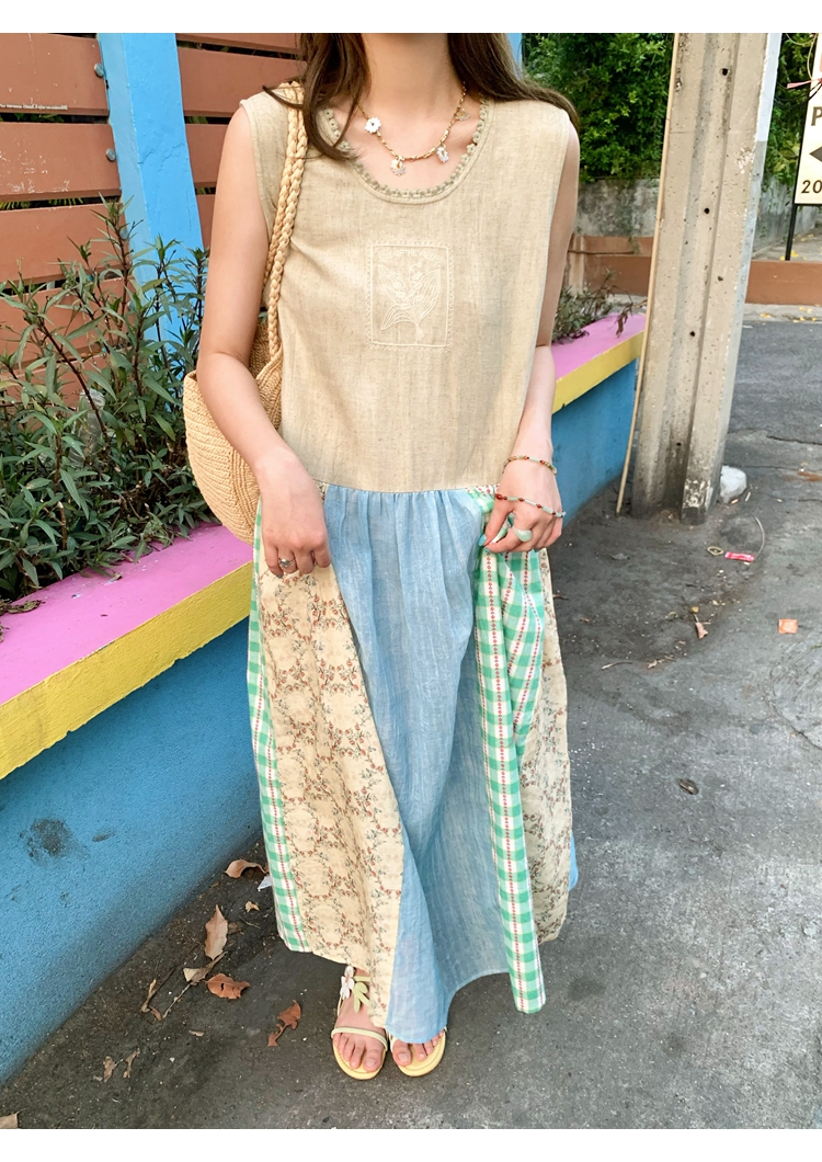 Vintage Retro Patchwork Short Sleeve Dress for Women - Summer Embroidered Puff Sleeve Long Dress in 90s Inspired Style Vintage Retro Patchwork Short Sleeve Dress for Women - Summer Embroidered Puff Sleeve Long Dress in 90s Inspired Style