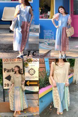 Vintage Retro Patchwork Short Sleeve Dress for Women - Summer Embroidered Puff Sleeve Long Dress in 90s Inspired Style