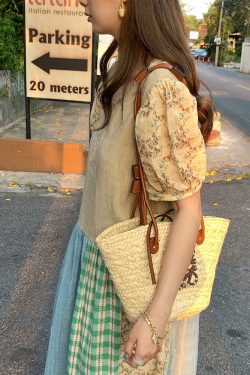 Vintage Retro Patchwork Short Sleeve Dress for Women - Summer Embroidered Puff Sleeve Long Dress in 90s Inspired Style