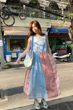 Vintage Retro Patchwork Short Sleeve Dress for Women - Summer Embroidered Puff Sleeve Long Dress in 90s Inspired Style