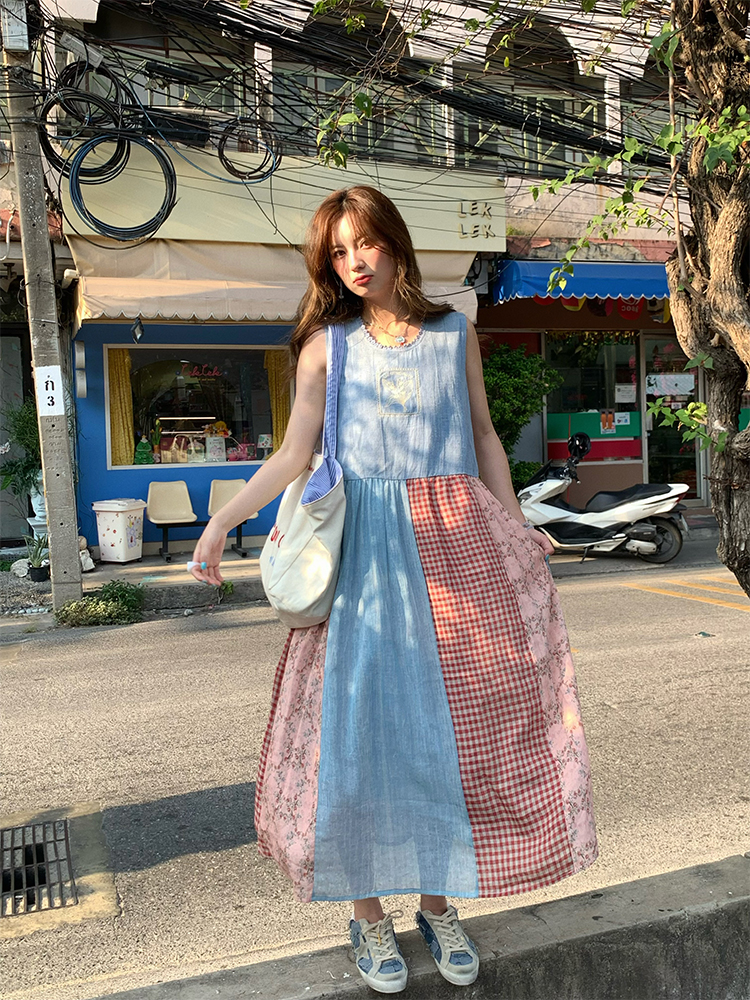 Vintage Retro Patchwork Short Sleeve Dress for Women - Summer Embroidered Puff Sleeve Long Dress in 90s Inspired Style Vintage Retro Patchwork Short Sleeve Dress for Women - Summer Embroidered Puff Sleeve Long Dress in 90s Inspired Style