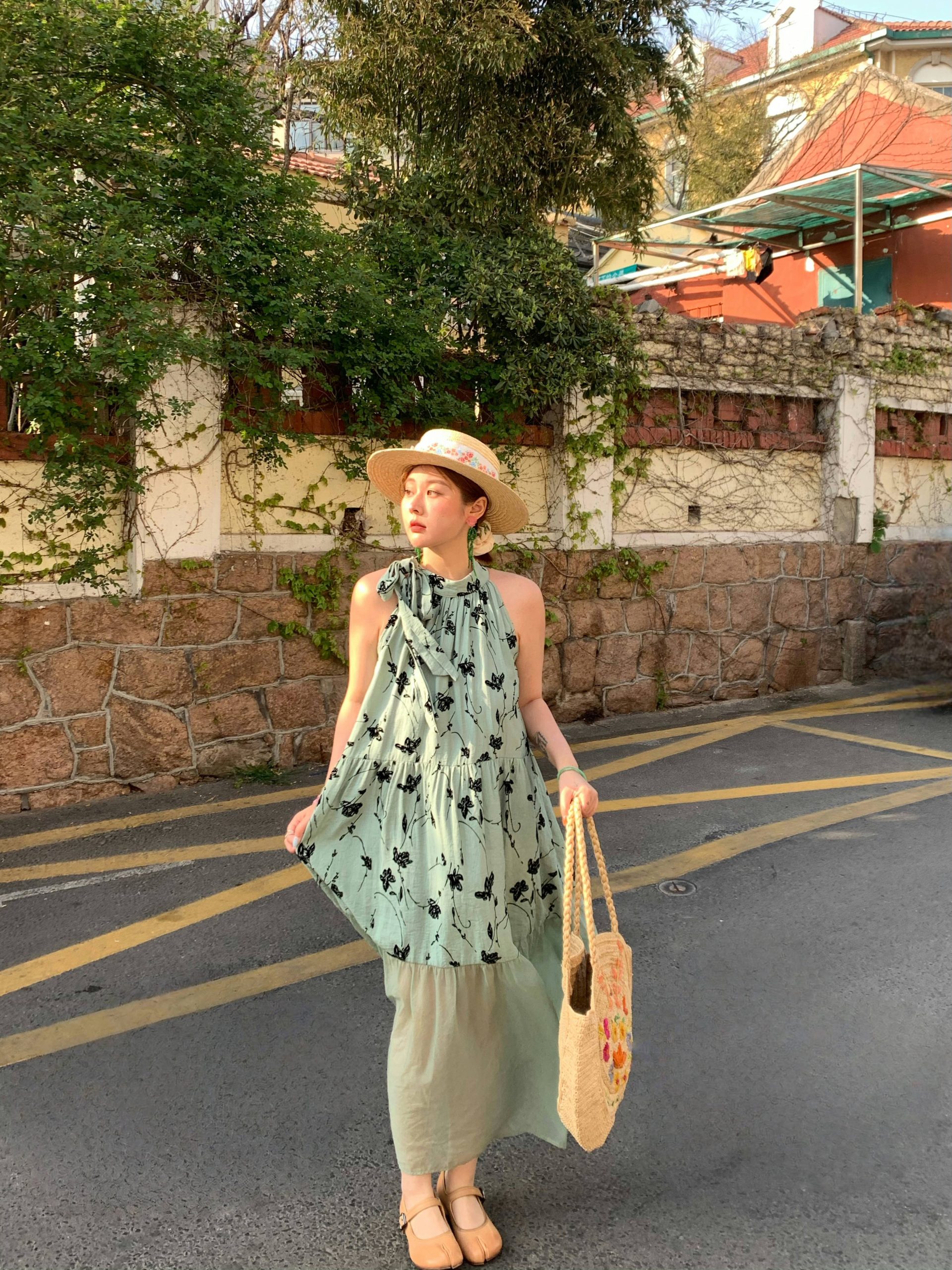 Vintage Rose Sea Wave French Print Sheer Halter Dress - Women's Summer Loose Retro Maxi Dress for Boho Style Vintage Rose Sea Wave French Print Sheer Halter Dress - Women's Summer Loose Retro Maxi Dress for Boho Style