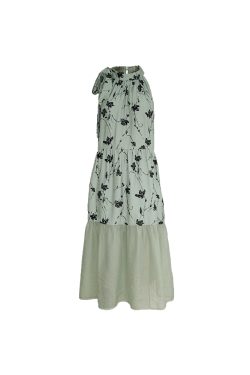 Vintage Rose Sea Wave French Print Sheer Halter Dress - Women's Summer Loose Retro Maxi Dress for Boho Style