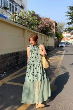 Vintage Rose Sea Wave French Print Sheer Halter Dress - Women's Summer Loose Retro Maxi Dress for Boho Style