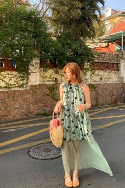 Vintage Rose Sea Wave French Print Sheer Halter Dress - Women's Summer Loose Retro Maxi Dress for Boho Style