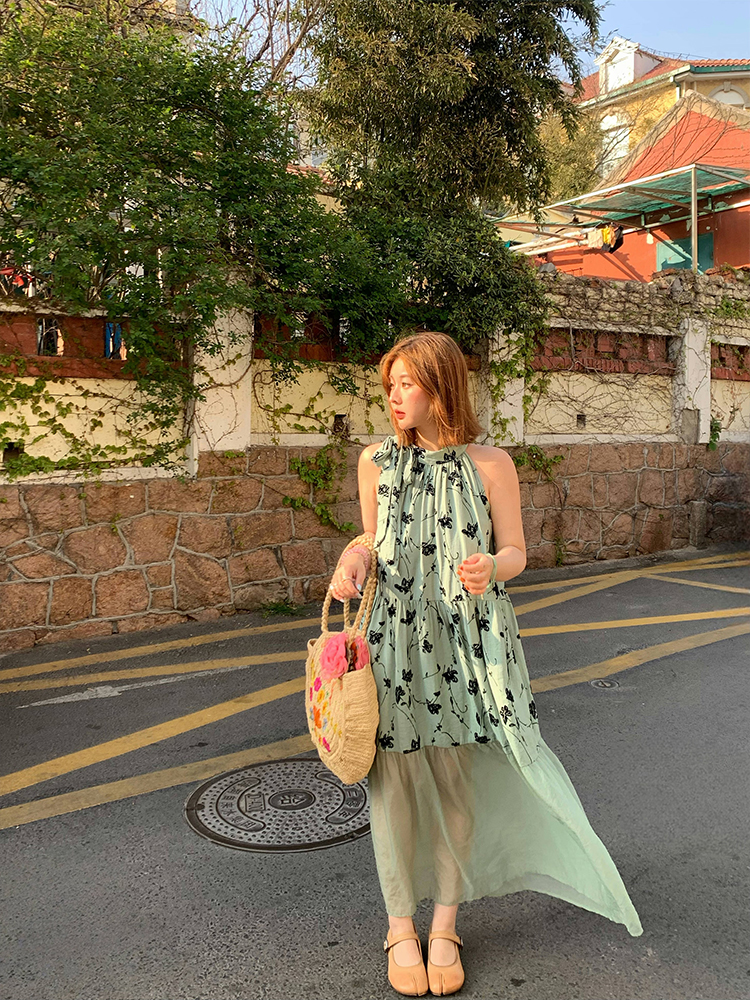 Vintage Rose Sea Wave French Print Sheer Halter Dress - Women's Summer Loose Retro Maxi Dress for Boho Style Vintage Rose Sea Wave French Print Sheer Halter Dress - Women's Summer Loose Retro Maxi Dress for Boho Style