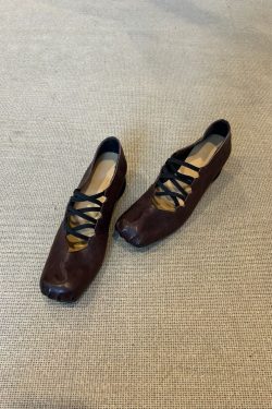 Vintage Sheepskin Pleated Square-Toe Cross-Strap High-Heeled Ballet Mary Jane Shoes - Chunky Heel, Pig-Nose Style