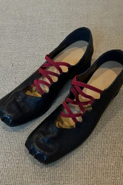 Vintage Sheepskin Pleated Square-Toe Cross-Strap High-Heeled Ballet Mary Jane Shoes - Chunky Heel, Pig-Nose Style