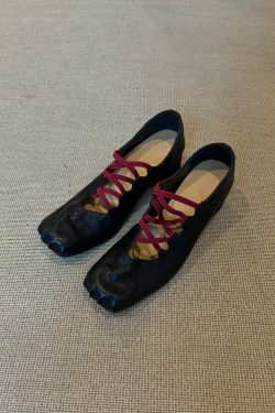 Vintage Sheepskin Pleated Square-Toe Cross-Strap High-Heeled Ballet Mary Jane Shoes - Chunky Heel, Pig-Nose Style