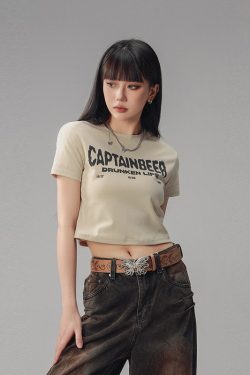 Vintage Slim Fit Cropped T-Shirt for Women - American Beer Team Captain Design, Summer Dance Style, Trendy Short Sleeve Top