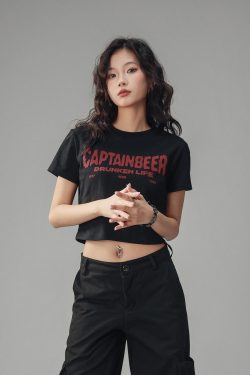 Vintage Slim Fit Cropped T-Shirt for Women - American Beer Team Captain Design, Summer Dance Style, Trendy Short Sleeve Top