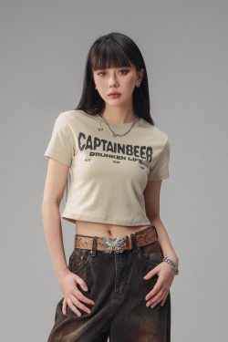 Vintage Slim Fit Cropped T-Shirt for Women - American Beer Team Captain Design, Summer Dance Style, Trendy Short Sleeve Top