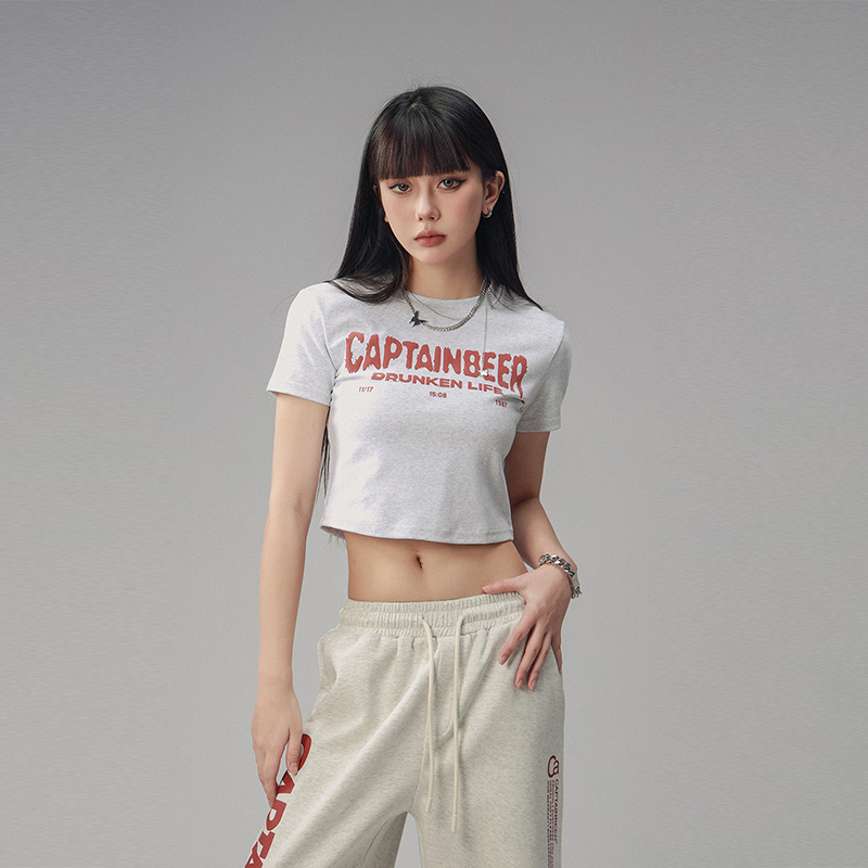 Vintage Slim Fit Cropped T-Shirt for Women - American Beer Team Captain Design, Summer Dance Style, Trendy Short Sleeve Top Vintage Slim Fit Cropped T-Shirt for Women - American Beer Team Captain Design, Summer Dance Style, Trendy Short Sleeve Top