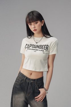 Vintage Slim Fit Cropped T-Shirt for Women - American Beer Team Captain Design, Summer Dance Style, Trendy Short Sleeve Top